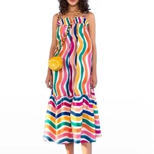 Farm Rio Women’s Dancing Stripes Tassel-Tie Midi Dress Multicolored Size L